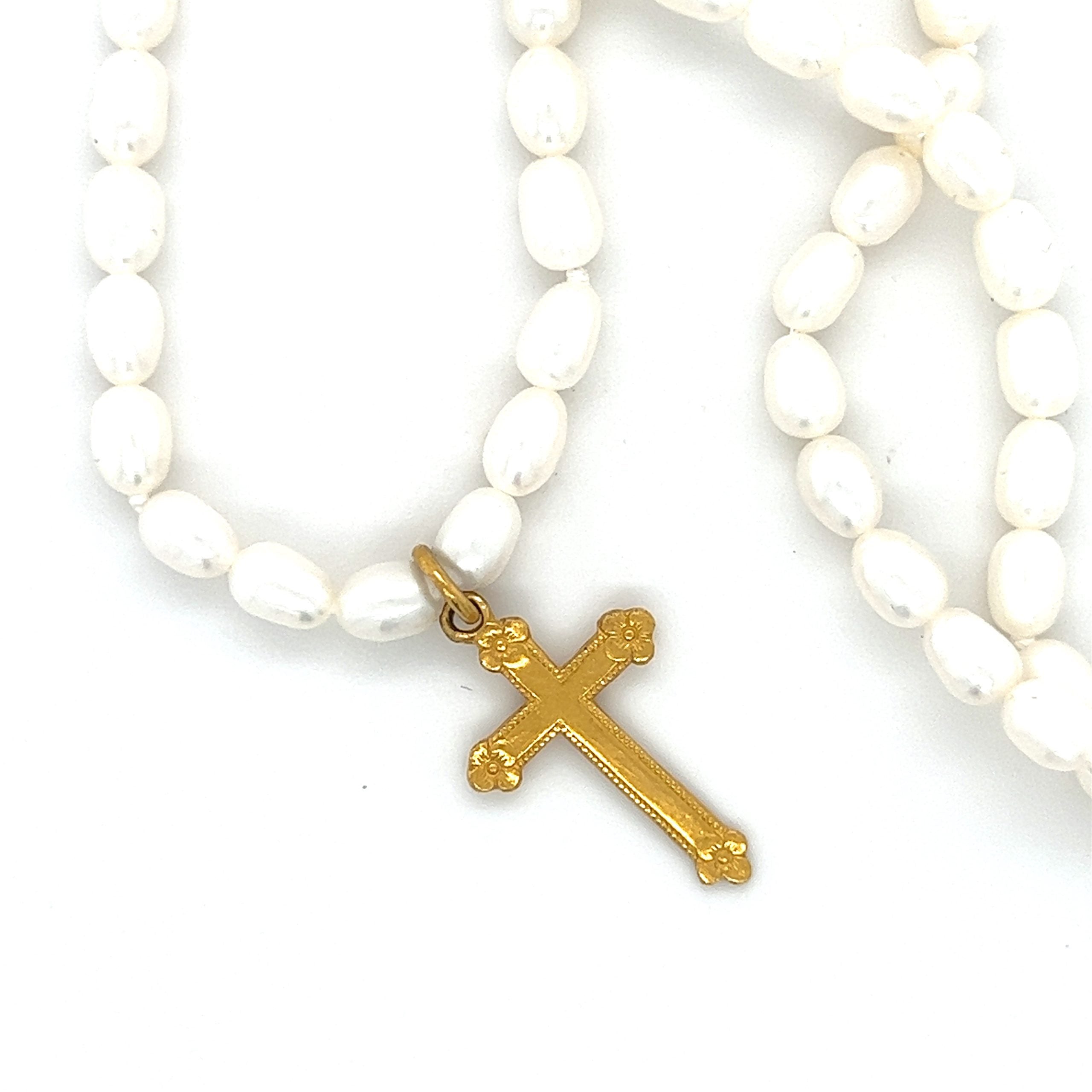 Pearl necklace with vintage 24k cross