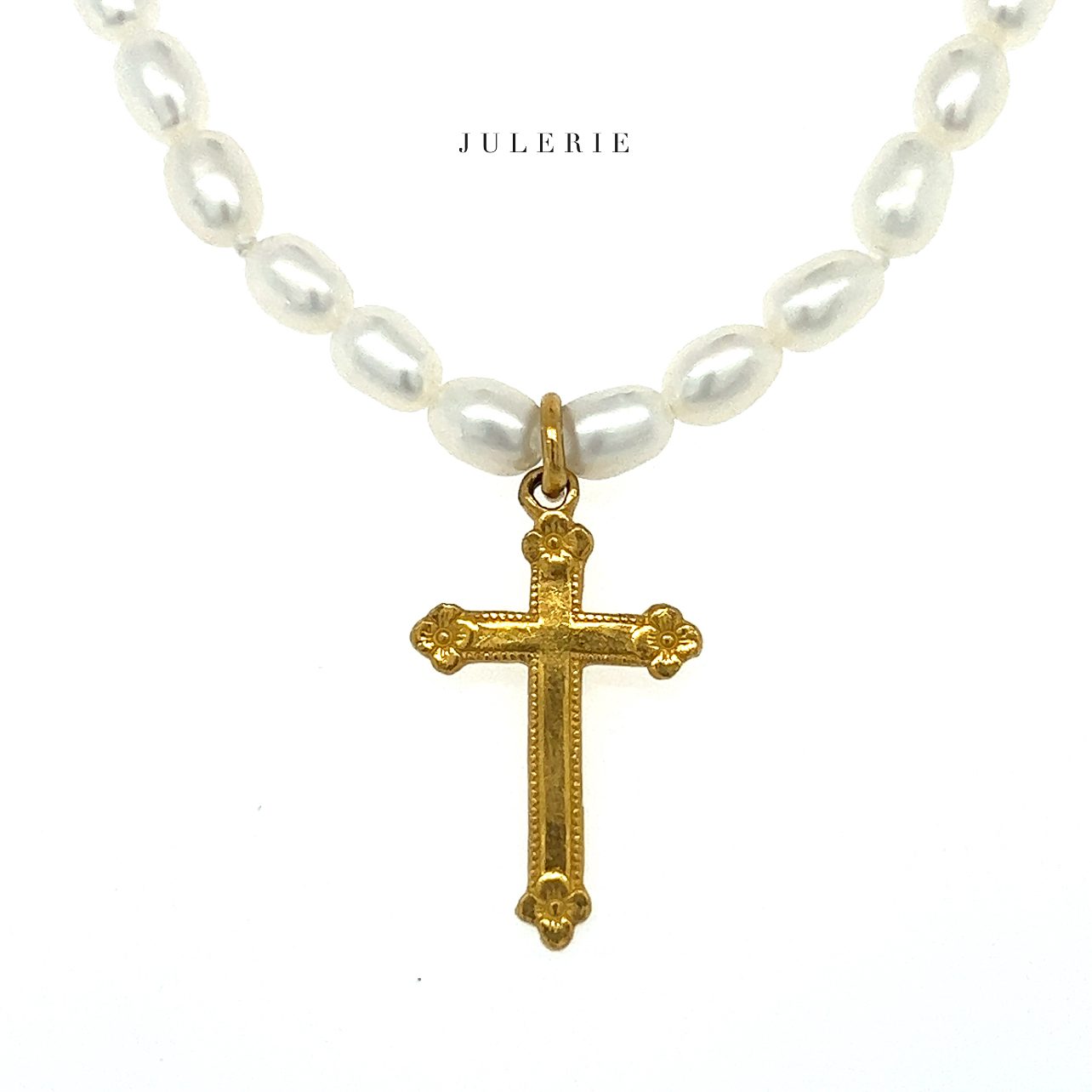 Pearl necklace with vintage 24k cross
